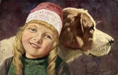 Künstler Ak Gerstenhauer, J. G., Mädchen und Hund, Portrait, Niederländische Tracht