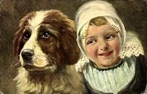 Ak Mädchen und Hund, Portrait, Niederländische Tracht