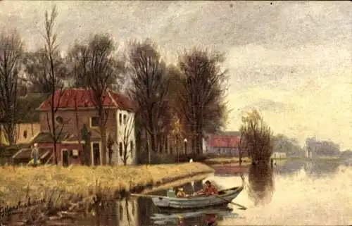 Künstler Ak Gerstenhauer, Johann Georg, niederländisches Motiv, Kanal, Häuser am Ufer, Boot
