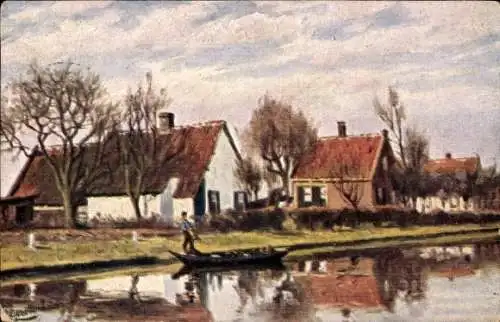 Künstler Ak Gerstenhauer, Johann Georg, niederländisches Dorfmotiv, Häuser am Kanal