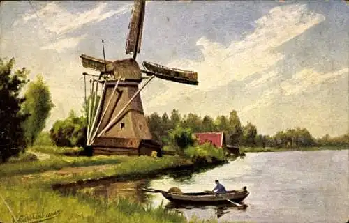 Künstler Ak Gerstenhauer, Johann Georg, Windmühle, Ruderboot