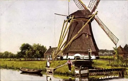 Ak Niederlande, Windmühle am Wasser