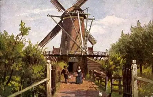 Ak Niederländische Windmühle, Eingang, Bäume, Bauern, Hühner