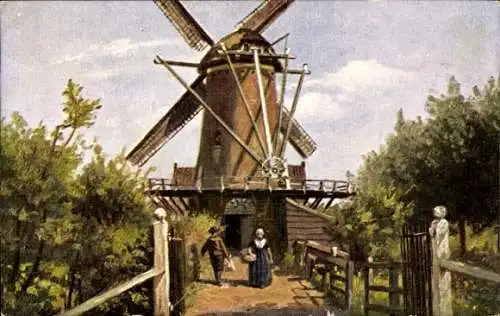 Ak Niederländische Windmühle, Eingang, Bäume, Bauern, Hühner
