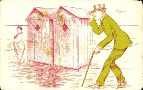 Ak Frau am Strand zieht sich um, Erotik, Neugieriger Mann