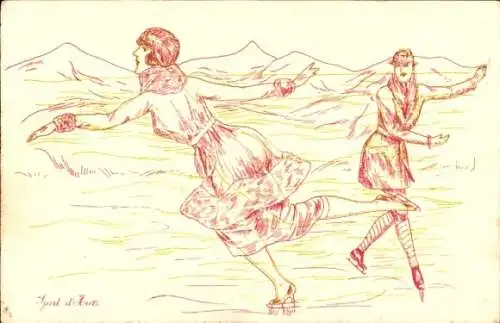 Ak Mann und Frau beim Eislaufen, Schlittschuhe