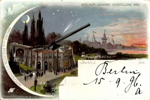 Mondschein Litho Berlin Treptow, Sternwarte, Riesenfernrohr, Gewerbe-Ausstellung 1896