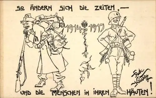 Künstler Ak Kristen, R., So ändern sich die Zeiten, Soldaten in Uniformen, Waisenstiftung