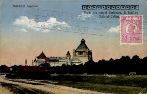 Ak Arad Rumänien, Gesamtansicht, Gebäude, Sitzbänke