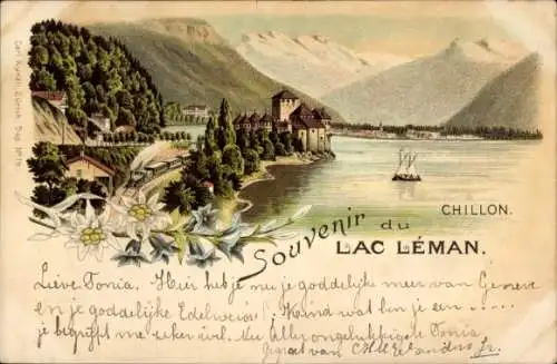 Litho Chillon Lac Léman Kt. Waadt Schweiz, Stadtansicht, Edelweiß, Segelboot