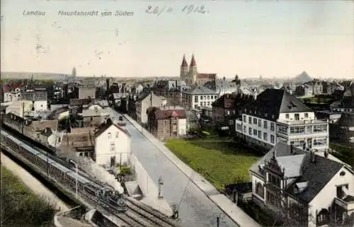 Ak Landau in der Pfalz in Rheinland Pfalz, Hauptansicht von Süden, Dampflok
