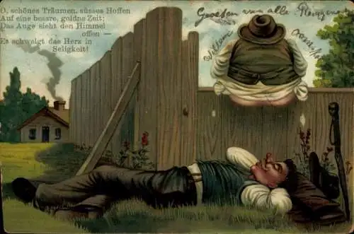 Künstler Ak Mann liegt schlafend im Gras, dicker Mann auf einem Zaun sitzend