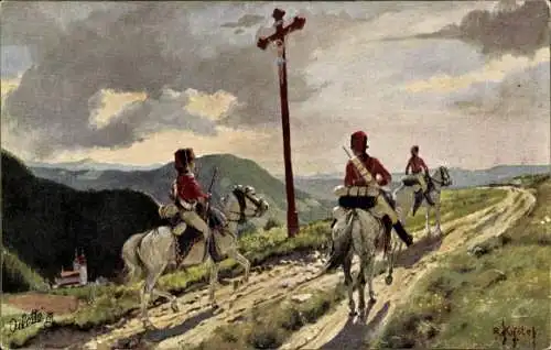 Künstler Ak Knötel, R., Preußische Husarenpatrouille im siebenjährigen Krieg