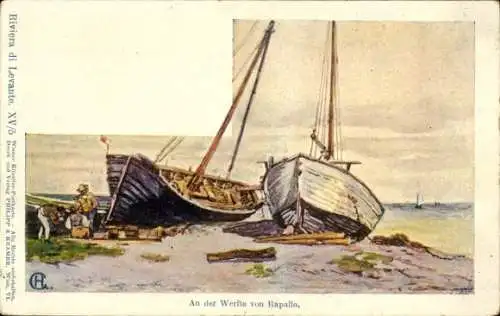 Künstler Ak Rapallo Liguria, Boote am Ufer, Männer, Riviera di Levante