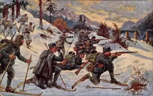 Künstler Ak Trache, R., Kaiserlich-königliche Armee, Skijägertruppe, Duklapass, Karpathen, I WK