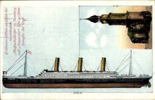 Ak Dampfer Imperator, HAPAG, im Vergleich zur Michaeliskirche Hamburg