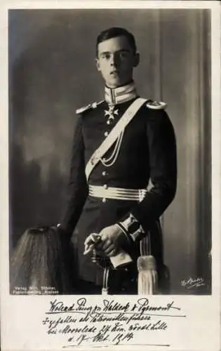 Ak Prinz Wolrad Friedrich zu Waldeck Pyrmont, Gefallen 1914 bei Moorslede, Portrait in Uniform