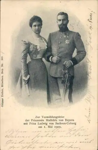 Ak Prinzessin Mathilde von Bayern, Prinz Ludwig von Sachsen Coburg, Vermählung 1900