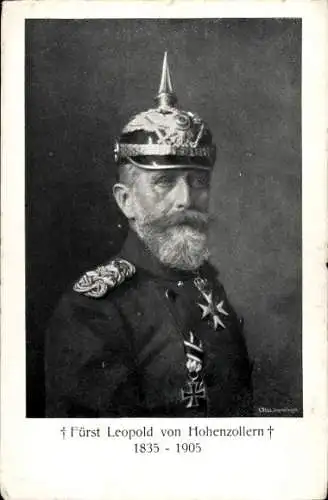 Ak Fürst Leopold von Hohenzollern, Portrait in Uniform, Pickelhaube, Trauerkarte zum Tod 1905