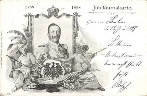 Litho Kaiser Wilhelm II., Regierungsjubiläum 1898, Wappen, Kolonialmotiv