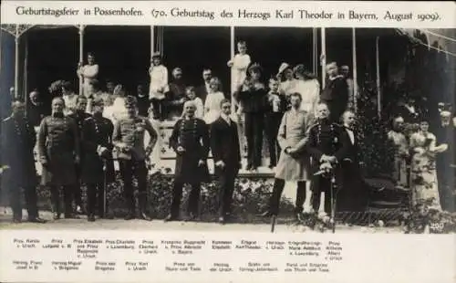 Ak Herzog Karl Theodor in Bayern, 70. Geburtstag 1909, Festgesellschaft, Possenhofen