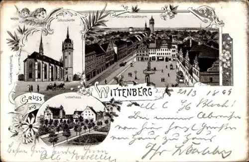 Litho Lutherstadt Wittenberg in Sachsen Anhalt, Schlosskirche, Lutherhaus, Panorama vom Stadtturm