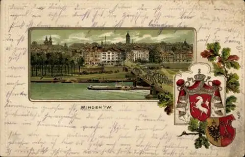 Präge Wappen Litho Minden in Ostwestfalen Lippe, Flusspartie mit Blick auf die Stadt, Dampfer