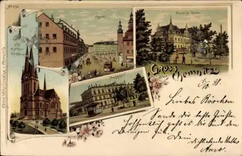 Litho Chemnitz Sachsen, Carols Hotel, Markt, Markuskirche, Bahnhof