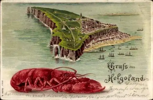 Litho Helgoland in Schleswig Holstein, Totalansicht der Insel, Hummer