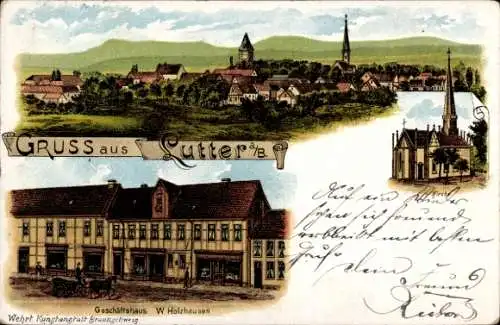 Litho Lutter am Barenberge Niedersachsen, Geschäftshaus, Kirche, Totalansicht