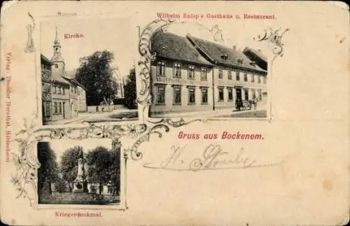 Ak Bockenem am Harz, Gasthaus, Kirche, Kriegerdenkmal