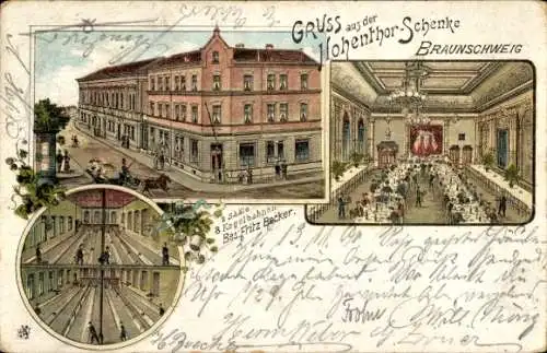 Litho Braunschweig in Niedersachsen, Hohenthor-Schenke, Innenansicht, Kegelbahn