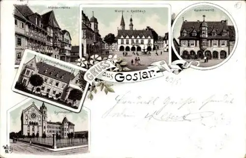 Litho Goslar in Niedersachsen, Marktstraße, Kaiserworth, Landschaftsgebäude, Gymnasium