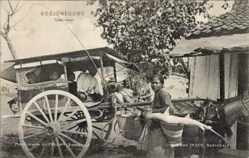 Ak Bojonegoro Indonesien, Fuhrwerk, Pferd, Haus, Einheimische