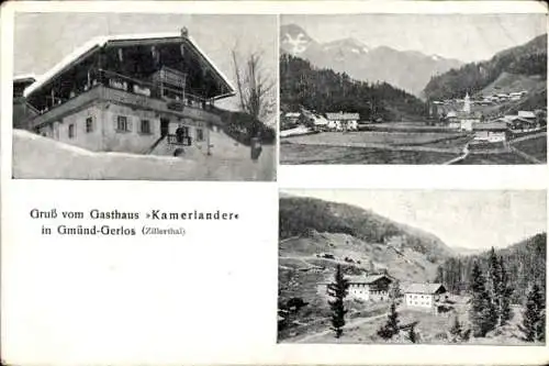 Ak Gmünd Gerlos im Zillertal Tirol, Gesamtansicht, Gasthaus Kamerlander