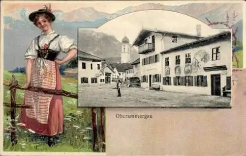 Präge Ak Oberammergau Oberbayern, Frau in Volkstracht, Straßenansicht