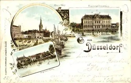 Litho Düsseldorf, Provinzial-Ständehaus, Rhein-Werft, großer Teich