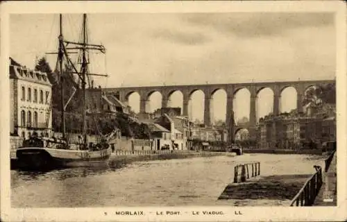 Ak Morlaix Finistère, Hafen, Viadukt, Segelschiff