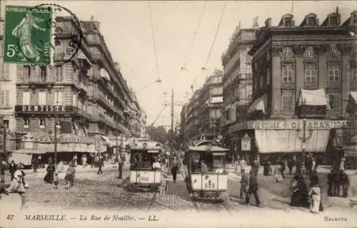 Ak Marseille Bouches du Rhône, Rue de Noailles, Straßenbahn