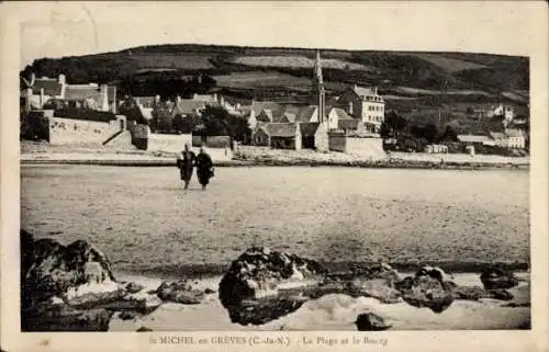 Ak Saint Michel en Greve Cotes d'Armor, Strand, Bourg