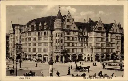 Ak München, Kaufhaus Hermann Tietz, Straßenbahn