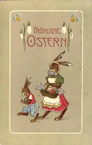 Präge Ak Glückwunsch Ostern, Vermenschlichte Hasen, Ostereier, Schneeglöckchen