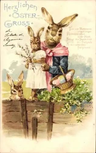 Präge Ak Glückwunsch Ostern, Vermenschlichte Hasenfamilie, Ostereier, Weidenkätzchen