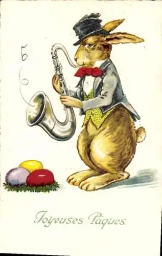 Ak Glückwunsch Ostern, Hase spielt Saxophon, Eier