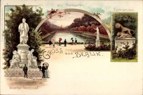 Litho Berlin Tiergarten, Goldfischteich, Löwengruppe, Goethe Denkmal