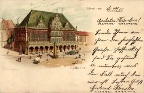 Litho Hansestadt Bremen, Rathaus, Kutsche, Straßenpartie, Passanten