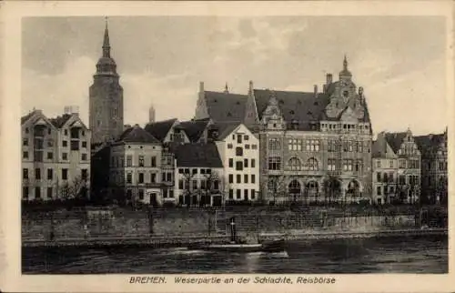 Ak Hansestadt Bremen, Weser an der Schlachte, Reisbörse, Schiff