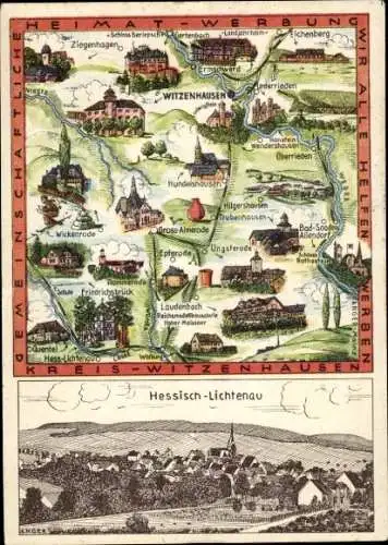 Ak Hessisch Lichtenau in Hessen, Ortsansicht, Landkarte Kreis Witzenhausen