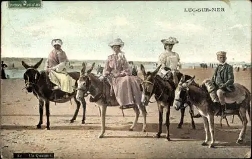 Ak Luc sur Mer Calvados, Strandpartie, Esel mit Reitern