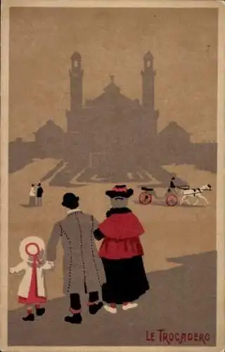 Künstler Ak Paris XVI., Le Trocadero, Familie mit Kind, Pferdekutsche, Paar